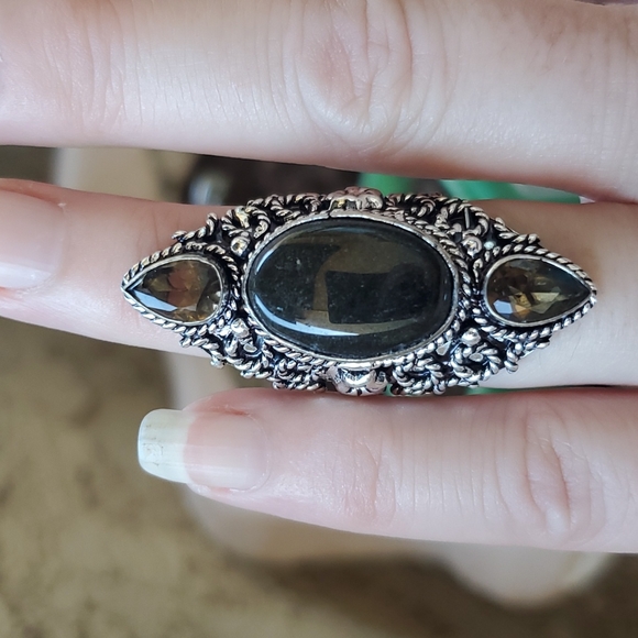 New Silver Sheen Obsidian & Smoky Topaz 925 Silver Statement Ring. - Picture 10 of 13